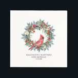 80th Birthday Red Cardinal Wreath Custom Cocktail Napkin<br><div class="desc">Elegant watercolor red cardinal framed by a classic winter pine wreath. Red and white flowers,  berries and pinecones add to the greenery. Three lines of text let you customize your party supplies.</div>