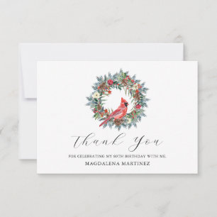 80th Birthday Red Cardinal Wreath Custom Flat Thank You Card