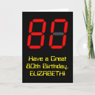 80th Birthday: Red Digital Clock Style "80" + Name Card