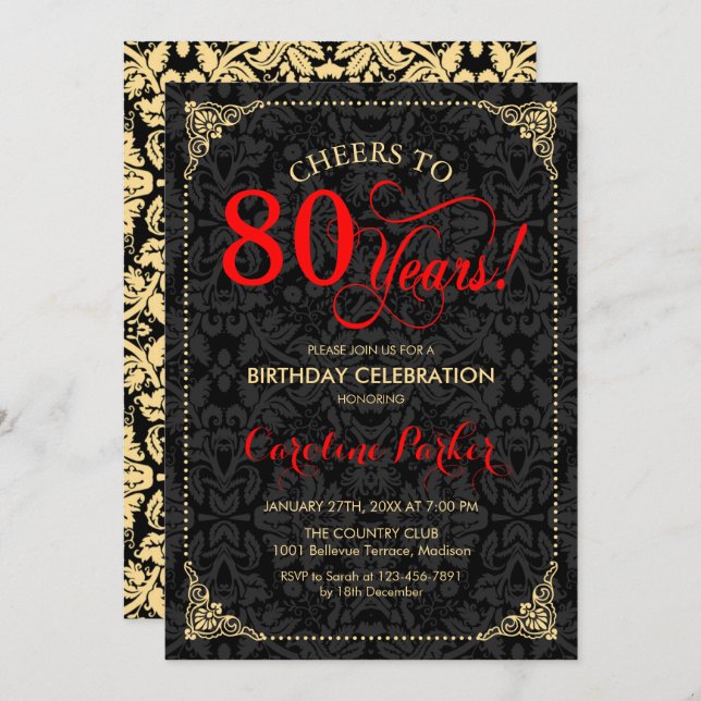 80th Birthday - Red Gold Black Damask Invitation (Front/Back)