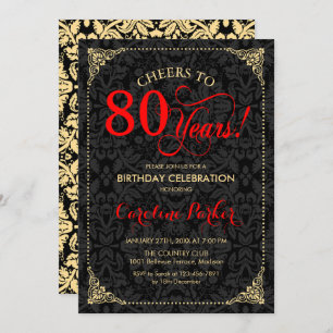80th Birthday - Red Gold Black Damask Invitation
