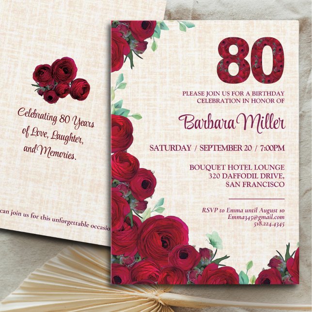 80th Birthday - Red Peonies Linen 80 Years Invitation (Creator Uploaded)