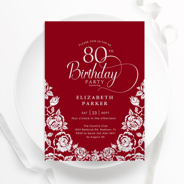 80th Birthday Red Silver Roses Invitation (Creator Uploaded)