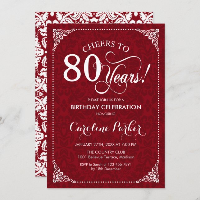 80th Birthday - Red White Damask Invitation (Front/Back)