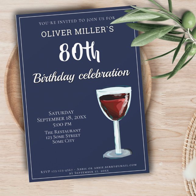 80th Birthday Red Wine Navy Blue Party Invitation (Creator Uploaded)