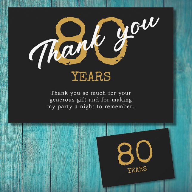 80th Birthday Retro Black And Gold Thank You Card (After that milestone 80th birthday party it's time to say thank you.)