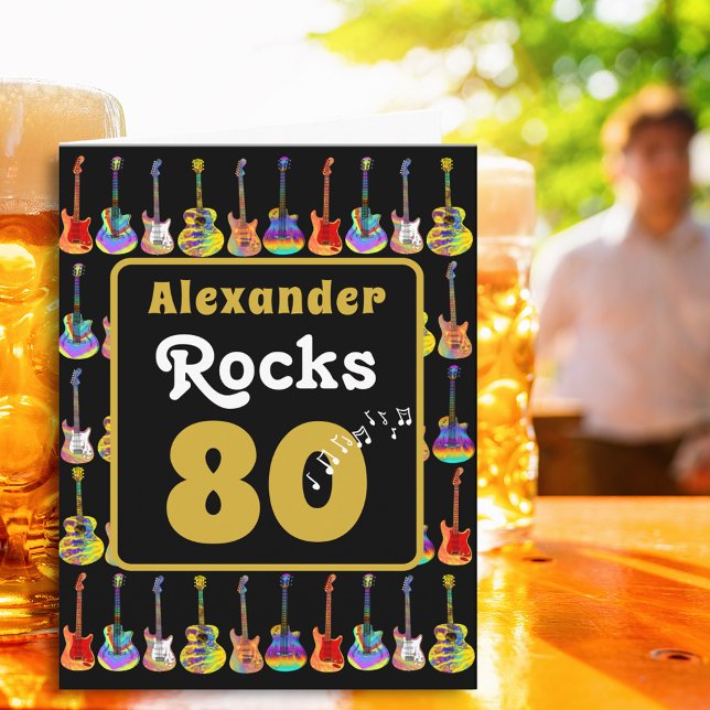80th birthday Retro Groovy Guitar Personalized Card (Music lovers Guitar 80th birthday personalized name rocks 80 black & gold rock and roll folded card)
