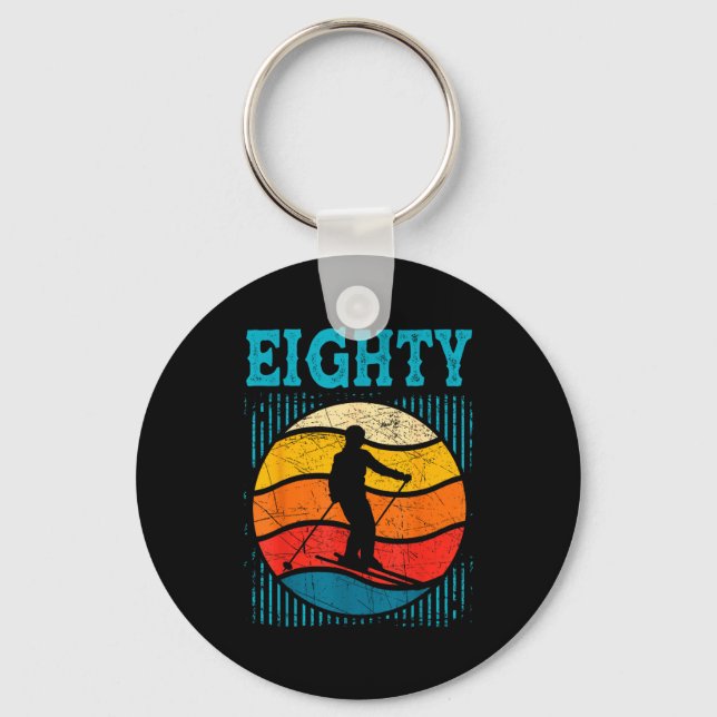 80th birthday retro ski skiing 80 year old men key ring (Front)