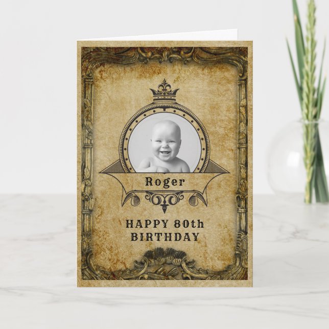 80th Birthday Retro Vintage Monogram Photo Adult Card (Front)
