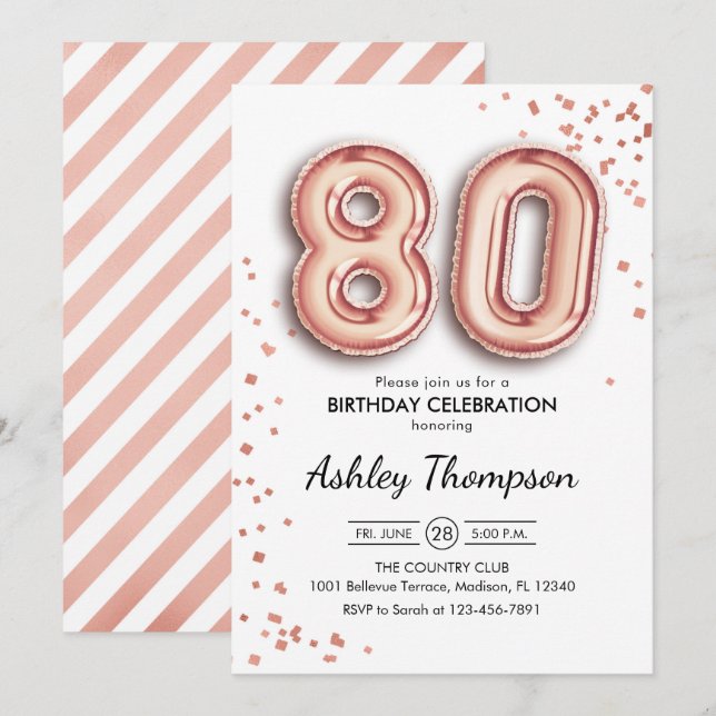 80th Birthday - Rose Gold Balloons Invitation (Front/Back)