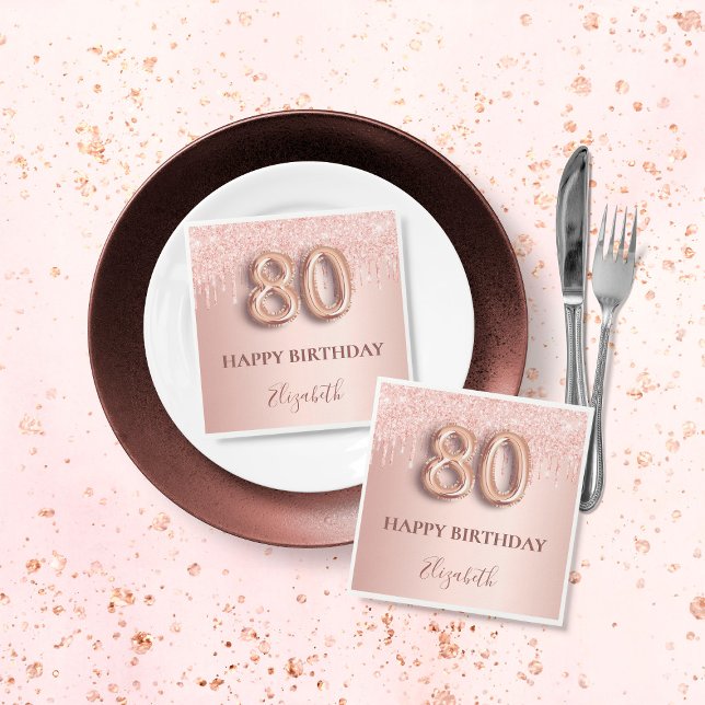 80th birthday rose gold blush glitter drips name napkin (Creator Uploaded)