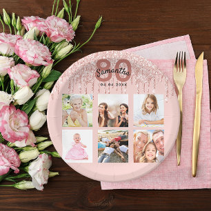 80th birthday rose gold blush glitter drips paper plate