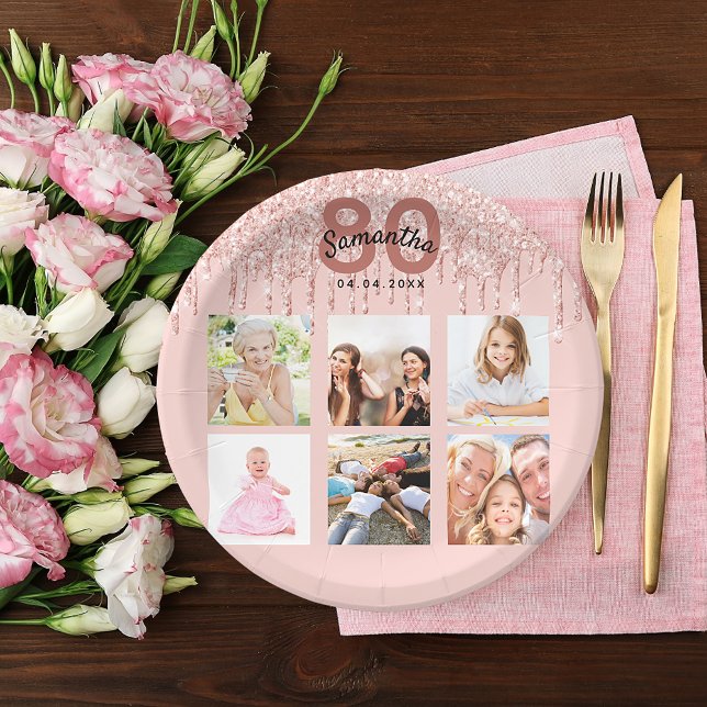 80th birthday rose gold blush glitter drips paper plate (Creator Uploaded)
