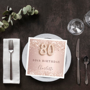 80th birthday rose gold blush name napkin
