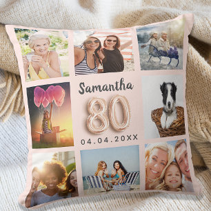 80th birthday rose gold blush pink photo collage cushion