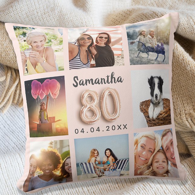 80th birthday rose gold blush pink photo collage cushion (Creator Uploaded)