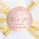 80th Birthday rose gold blush pink Thank You Classic Round Sticker<br><div class="desc">A sticker for a girly and glamourous 80th birthday party.  A rose gold background with drips,  paint drip look. The text: Thank You is written in dark rose gold with a large modern hand lettered style script. Tempate for a name and age 80.</div>