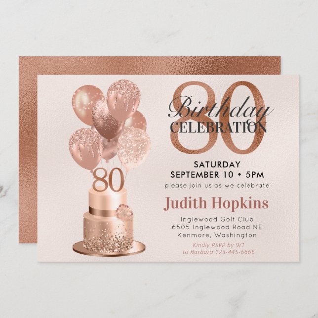 80th Birthday Rose Gold Cake Invitation (Front/Back)