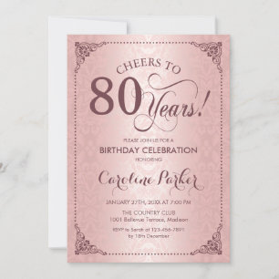 80th Birthday - Rose Gold Damask Invitation