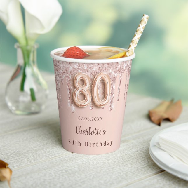 80th birthday rose gold drips monogram paper cups (Insitu)