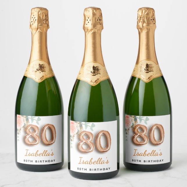80th birthday rose gold eucalyptus flower name sparkling wine label (Bottles)