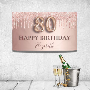 80th birthday rose gold glitter pink balloon style banner