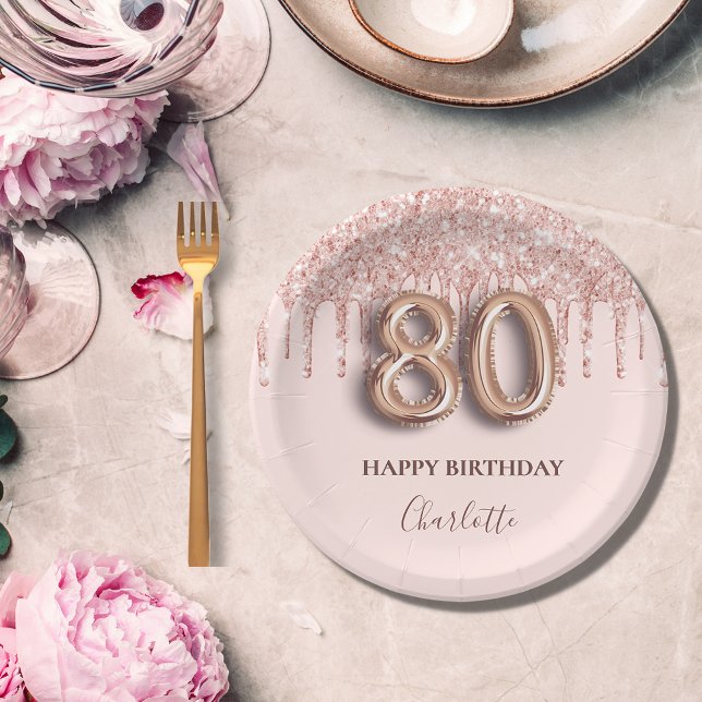 80th birthday rose gold glitter pink balloon style paper plate (Creator Uploaded)