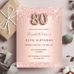 80th birthday rose gold glitter pink invitation postcard<br><div class="desc">A modern, stylish and glamourous invitation for a 80th birthday party. A faux rose gold metallic looking background with an elegant faux rose gold glitter drip, paint drip look. The name is written with a modern dark rose gold coloured hand lettered style script. Personalise and add your party details. Number...</div>