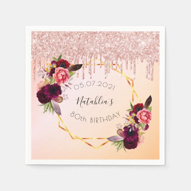 80th birthday rose gold pink geometric glitter napkin (Front)