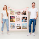 80th birthday rose gold pink photo collage name fleece blanket<br><div class="desc">A unique gift for a 80th birthday, celebrating her life with a collage of 8 of your own photos, pictures. Personalise and add her name and a date. A chic, girly rose gold, blush pink background. The name is written with a modern hand lettered style script. Number 80 with a...</div>