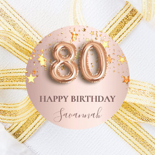 80th birthday rose gold stars pink balloon font classic round sticker