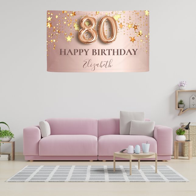 80th birthday rose gold stars pink balloon script banner (Creator Uploaded)