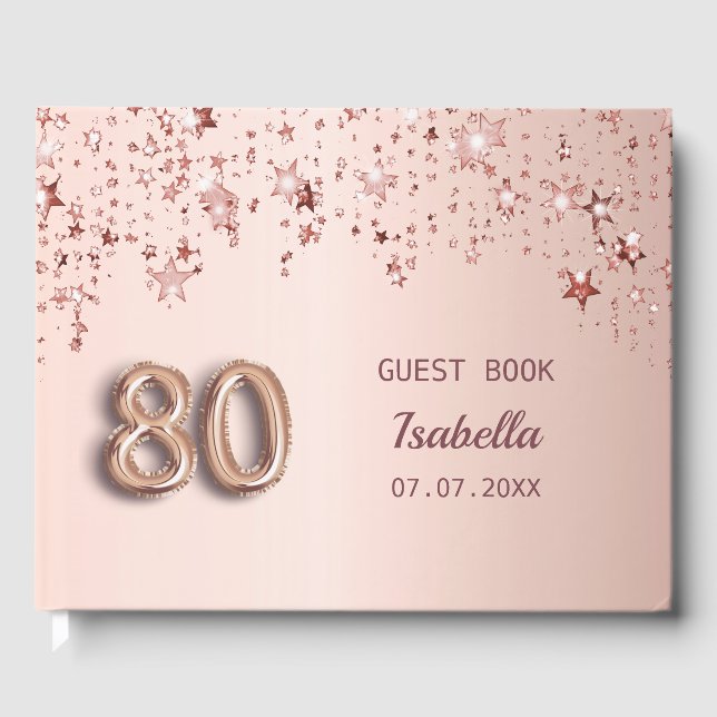 80th birthday rose gold stars pink chic guest book (Front)