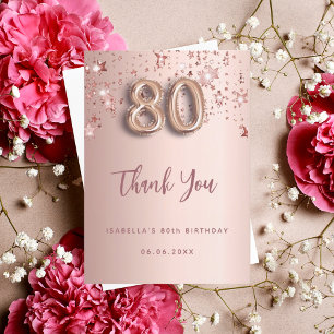 80th birthday rose gold stars thank you card