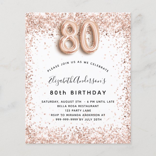 80th birthday rose gold white budget invitation flyer (Front)
