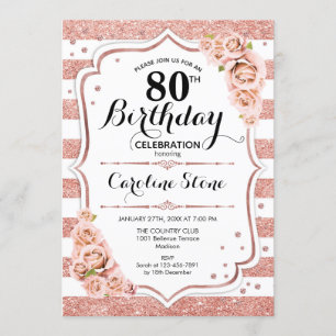 80th Birthday -  Rose Gold White Stripes Invitation