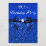 80th Birthday Royal Blue Sequins Bow and Diamond Invitation<br><div class="desc">Woman's 80th birthday party invitations personalised custom template. Elegant custom royal blue eightieth / eighty / 80 years old Birthday Party celebration invitations for women with a pretty royal blue printed sequins pattern, cute royal blue bows and ribbons images and printed image bling jewels diamonds / rhinestones. These sophisticated, fashionable,...</div>