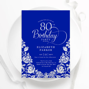 80th Birthday Royal Blue Silver Roses Invitation