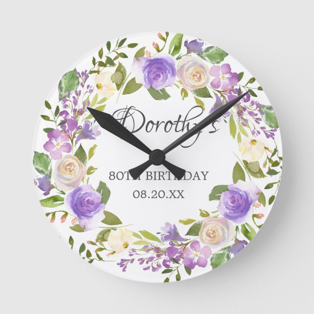 80th Birthday Rustic Purple Floral Round Clock (Front)