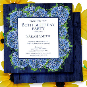 80th Birthday Rustic Wood Blue Hydrangeas Party Invitation