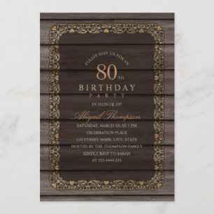 80th Birthday Rustic Wood Fancy Country Party Invitation