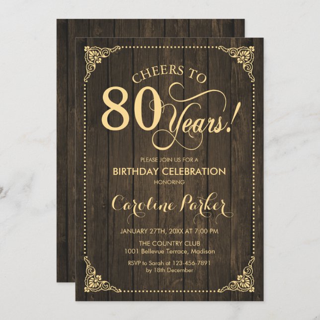 80th Birthday - Rustic Wood Gold Invitation (Front/Back)