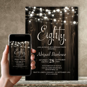 80th Birthday Rustic Wood Party Invitation