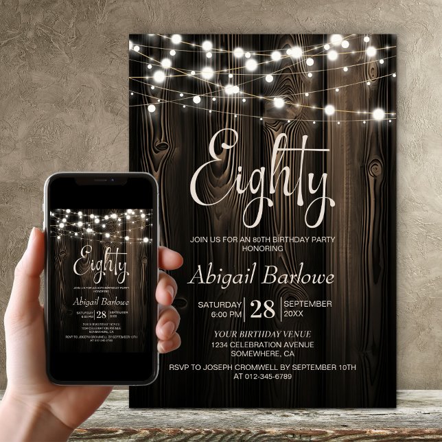 80th Birthday Rustic Wood Party Invitation (Creator Uploaded)