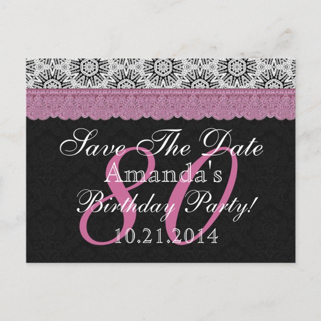 80th Birthday Save the Date Black White Pink Announcement Postcard (Front)
