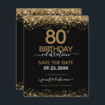 80th Birthday Save the Date Budget Invitation<br><div class="desc">Elegant Faux gold glitter with shimmering confetti highlights on the top and bottom border. All text is adjustable and easy to change for your own party needs. Great elegant 80th birthday template design.</div>