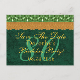 80th Birthday Save the Date Green and Gold Lace 03 Announcement Postcard