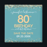 80th Birthday Save the Date Magnet<br><div class="desc">Elegant Faux gold glitter with shimmering confetti highlights on the top and bottom border. All text is adjustable and easy to change for your own party needs. Great elegant 80th birthday template design. Save the date magnet reminder.</div>