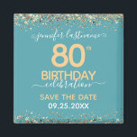 80th Birthday Save the Date Magnet<br><div class="desc">Elegant Faux gold glitter with shimmering confetti highlights on the top and bottom border. All text is adjustable and easy to change for your own party needs. Great elegant 80th birthday template design. Save the date magnet reminder.</div>