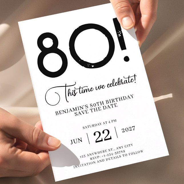 80th Birthday Save The Date  •  Unique Minimalist  Invitation (80th birthday save the date invitation black white, minimalist 80 birthday invite, modern typography)